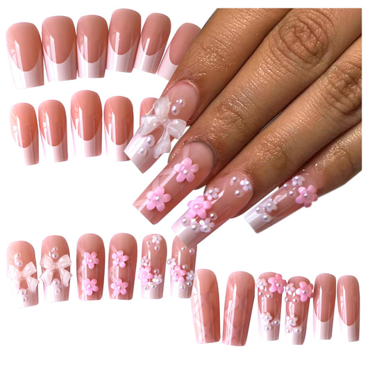 Pink Press on Nails Kit with Charms Gems French Tip Nails Press Ons Medium Square Fake Nails Artificial Coffin Gel Like Glossy 3D Flower Pearl White Bowknot False Nail Manicure for Women Girl