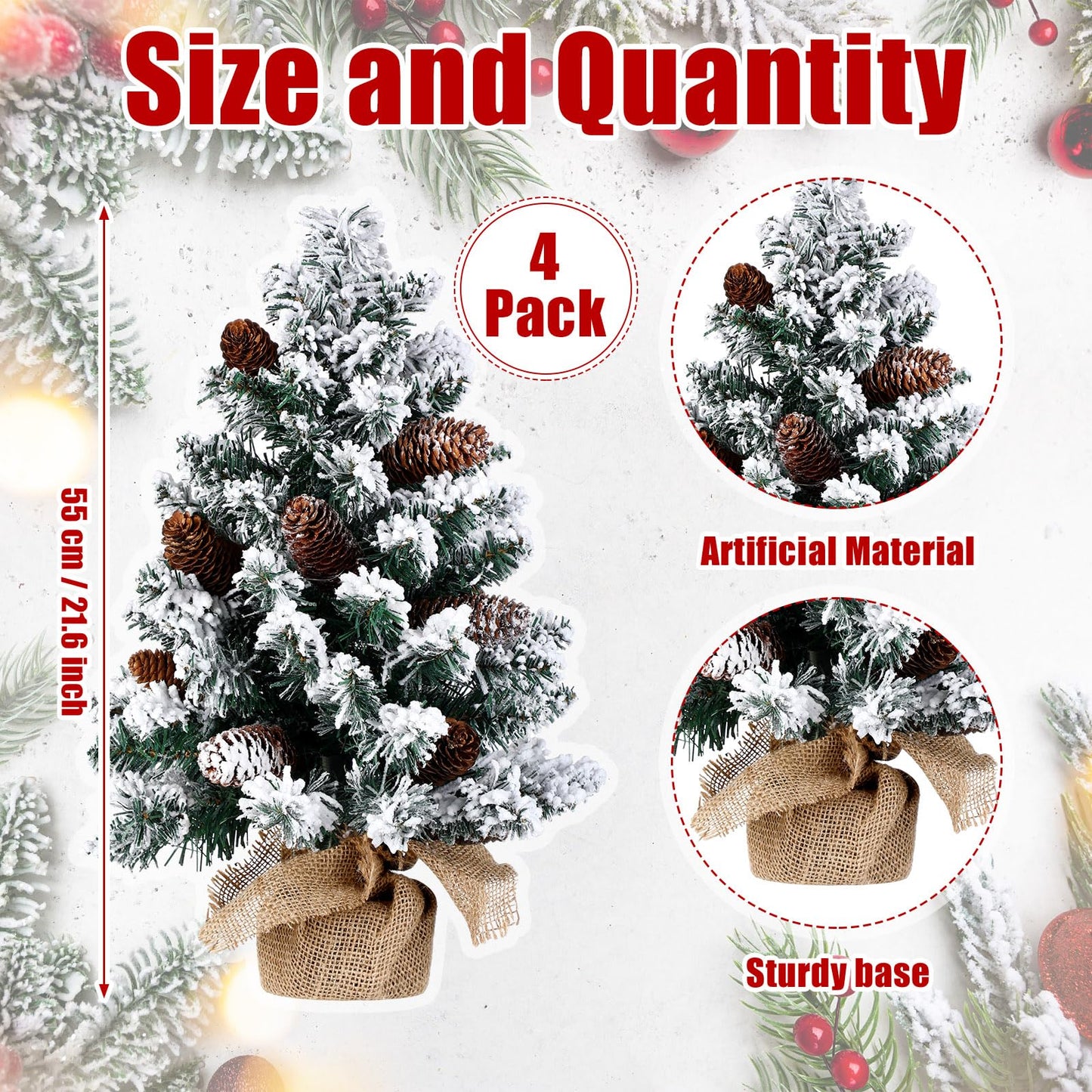 Soaoo 4 Pcs Mini Artificial Snowy Christmas Tree Christmas Table Centerpieces Small Snow Flocked Pine Cone Xmas Tree with Burlap Base for Christmas Holiday Party Tabletop Home Decor, 22 Inch