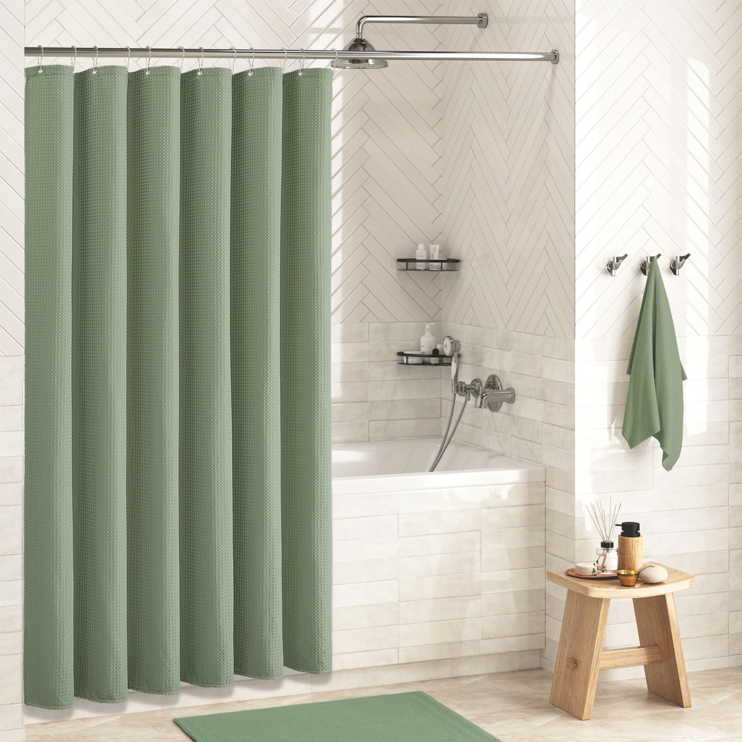 Dynamene Sage Green Shower Curtain - Waffle Textured Heavy Duty Thick Fabric Shower Curtains for Bathroom, 256GSM Luxury Weighted Polyester Cloth Bath Curtain Set with 12 Plastic Hooks，72Wx72H,Green