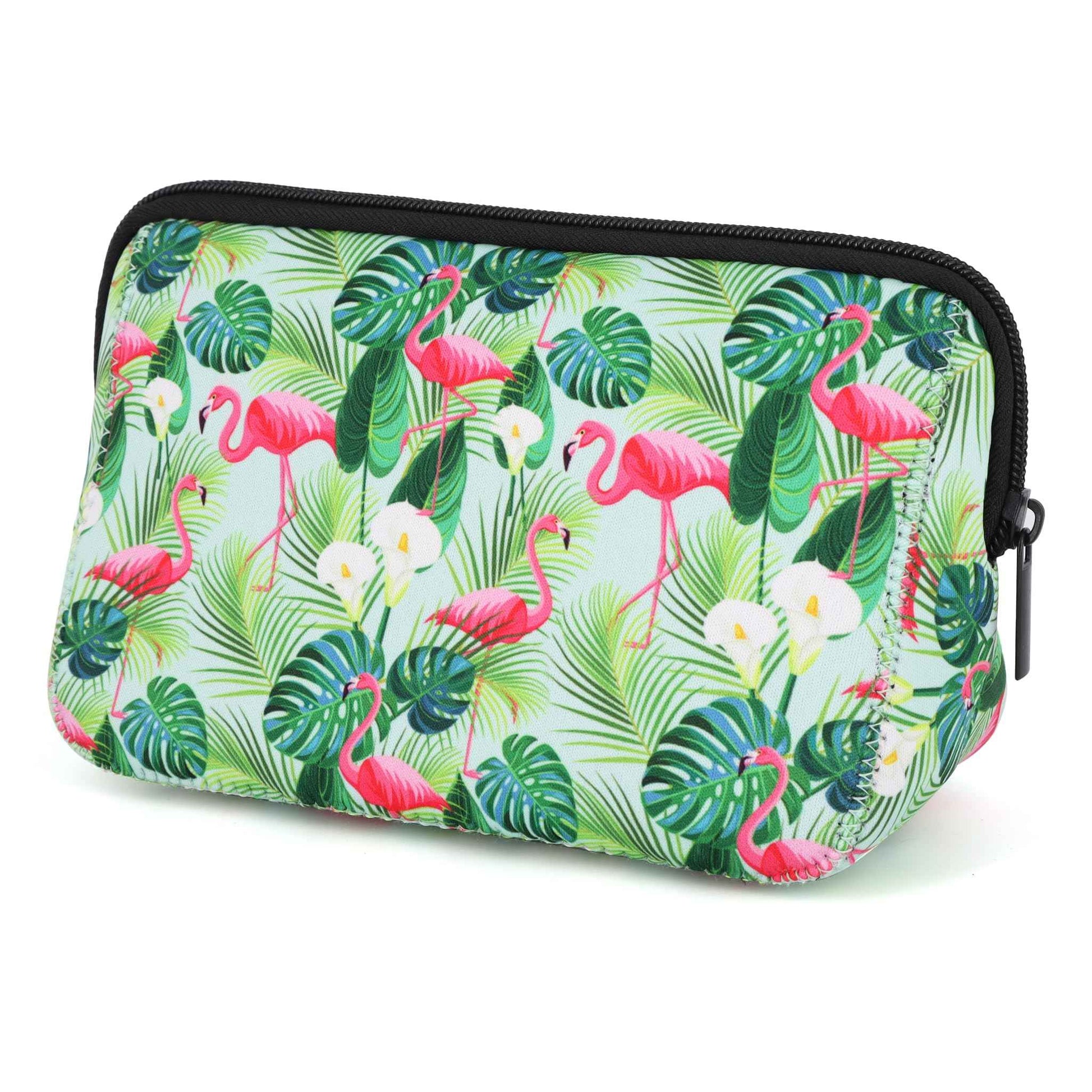 AJLTPA Cosmetic Bag Waterproof Neoprene Zipper Pouch Travel Portable Toiletry Makeup Bags Organizer Case for Women and Girls, Tropical Flamingo