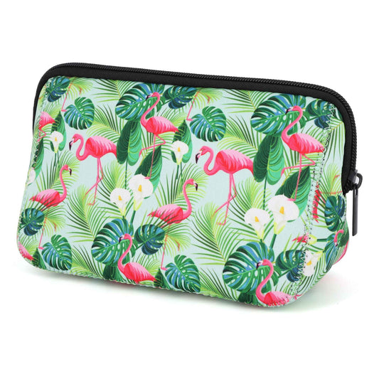 AJLTPA Cosmetic Bag Waterproof Neoprene Zipper Pouch Travel Portable Toiletry Makeup Bags Organizer Case for Women and Girls, Tropical Flamingo