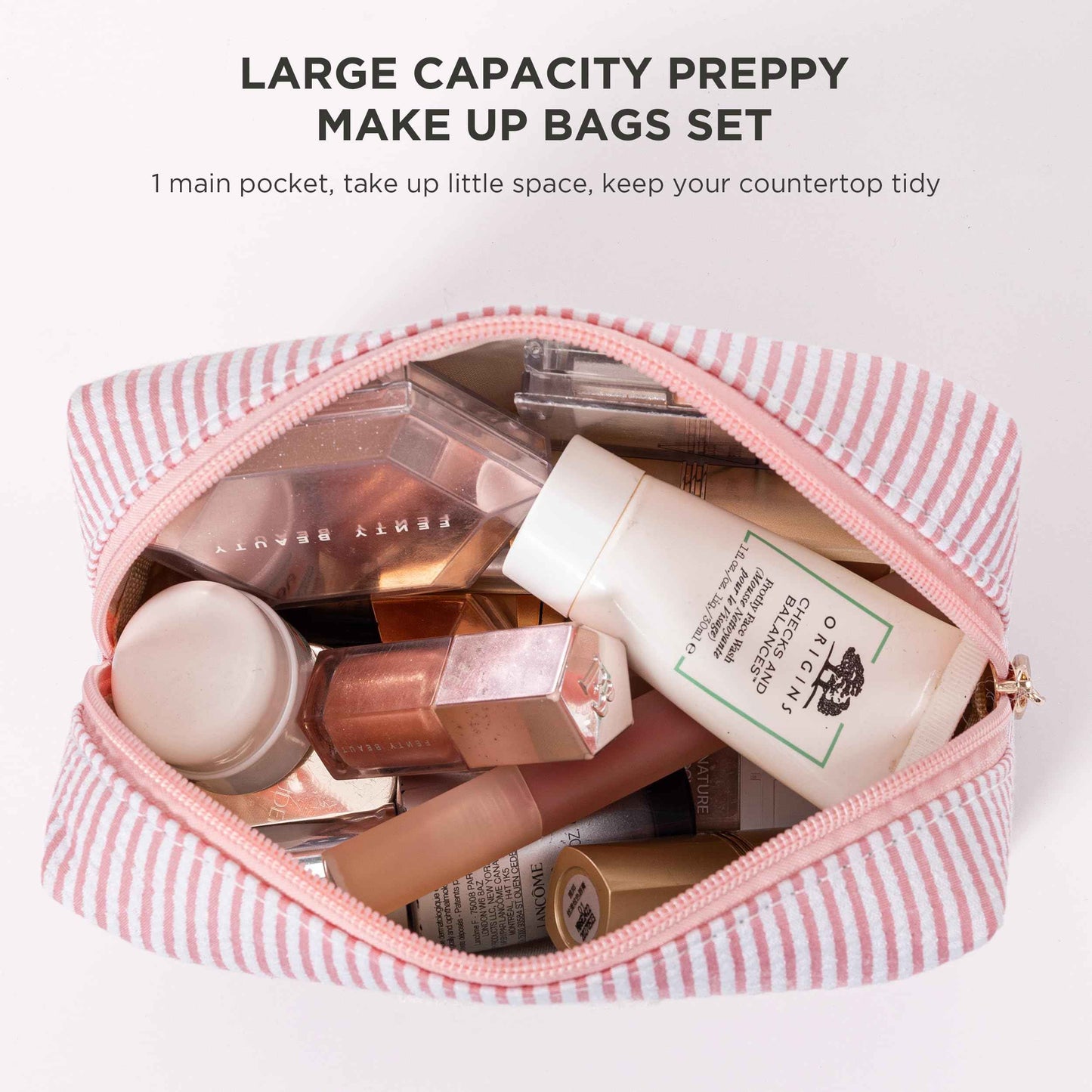 Vorey Pink Personalized Initial Makeup Bag Set, Cute Preppy Travel Toiletry Cosmetic Bags, Small Make Up Pouch, Birthday Gifts for Women, Girls, Friends, (M)