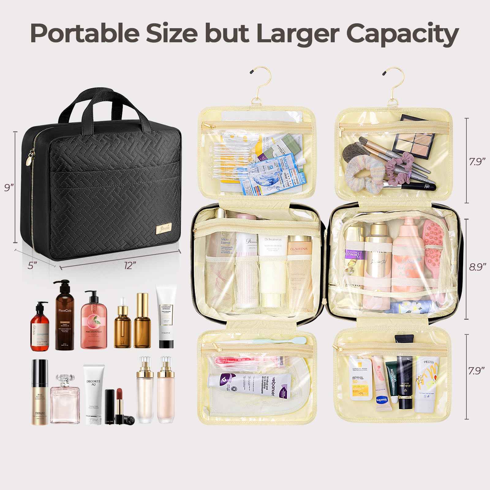 JIECH Hanging Travel Toiletry Bag for Women Detachable Toiletry Bag with 6 Compartments Large Makeup Bag Cosmetic Organizer for Bathroom Shower Business Trips Camping，Black