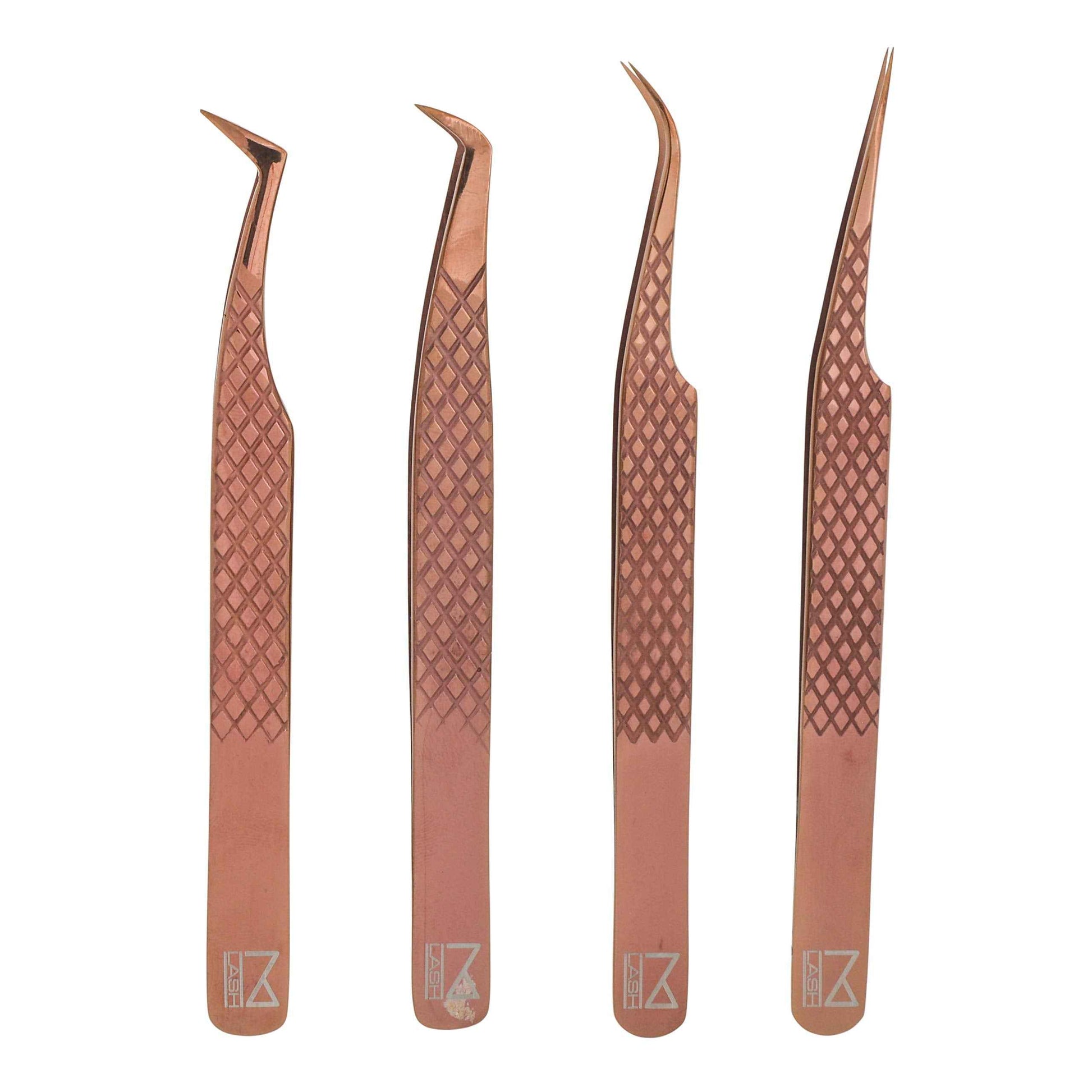 M LASH Eyelash Extension Tweezers (Set of 4) - Professional & Precision Lash Tweezers for Eyelash Extensions - Japanese Steel, Diamond Grip, Fiber Tip (Rose Gold)