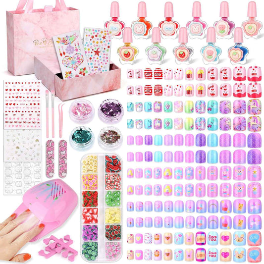 Kids Nails and Nail Polish for Girls, 144 Mini Press On for Kids, 12 Non-Toxic Nail Polish, Dryer, Gems Stickers, Cute Nail Stuff Gift for Girls Age 8-12