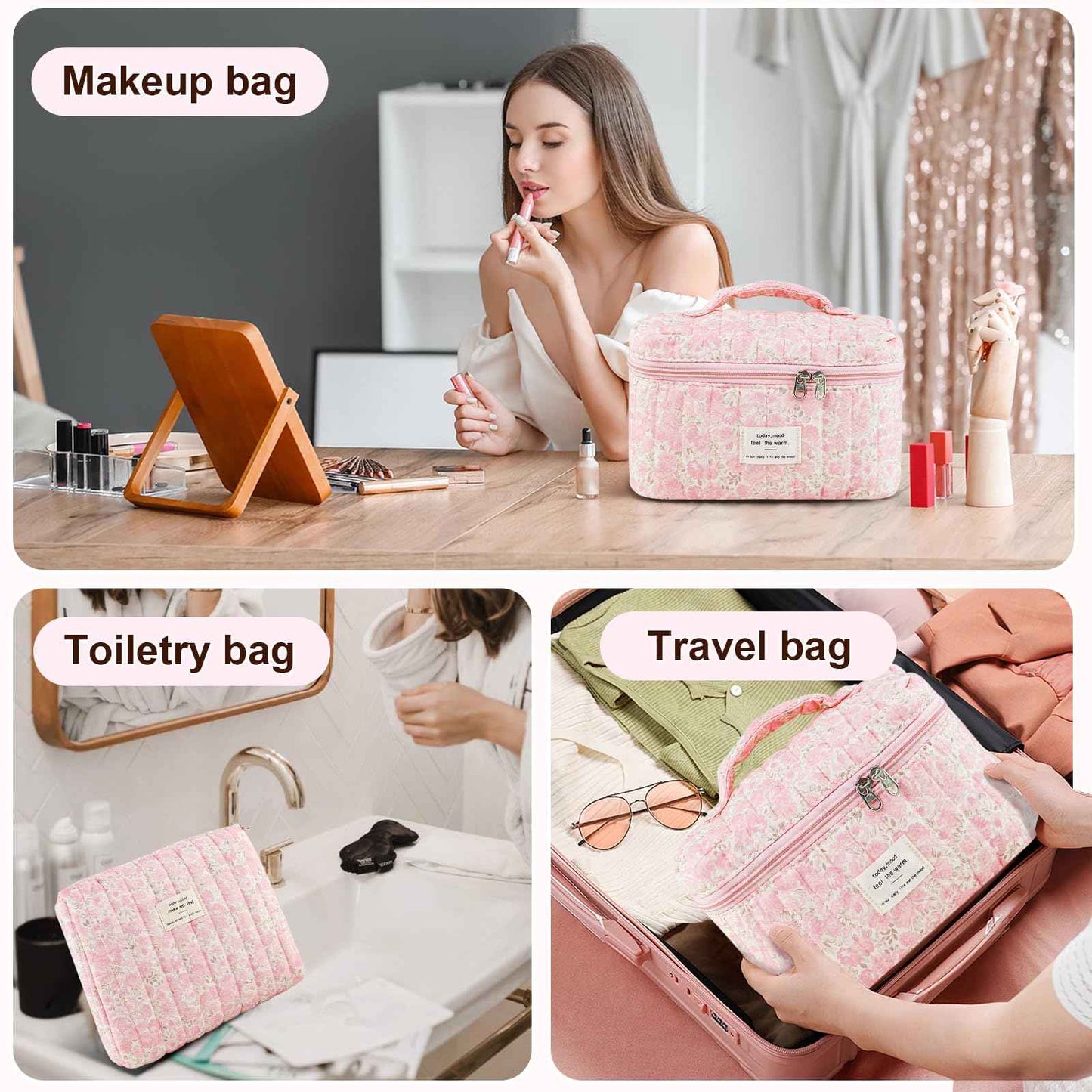 GISMTR 3Pcs Makeup Bag Cotton Quilted Travel Cosmetic Bag Cute Floral Makeup Pouch Large Toiletry Bag for Women Girls (Flowers-Pink3)