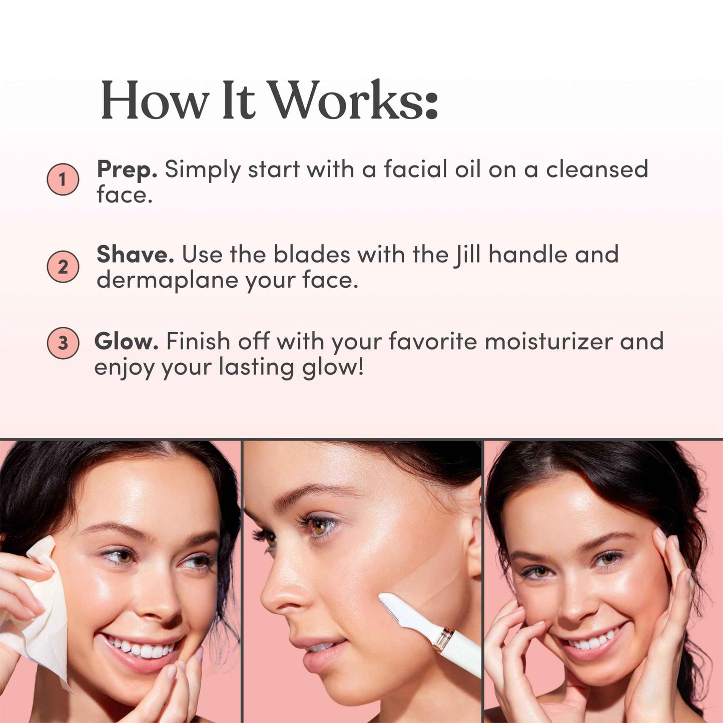 Jill Dermaplane Razor Trial Kit | Facial Hair Removal Dermaplaning Kit Includes 1 Shave Wand, 2 Dermaplane Razors & Cleaning Cloth | Pre-Shave Magic Spray & Wipes Not Included