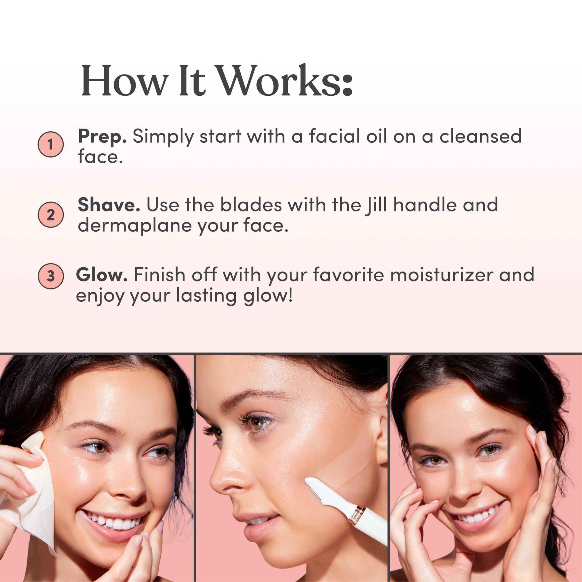 Jill Dermaplane Razor Trial Kit | Facial Hair Removal Dermaplaning Kit Includes 1 Shave Wand, 2 Dermaplane Razors & Cleaning Cloth | Pre-Shave Magic Spray & Wipes Not Included