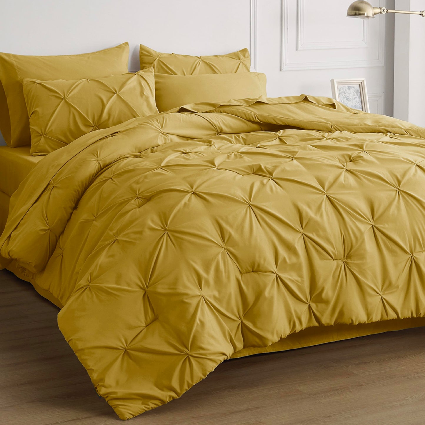 Bedsure Twin Comforter Set with Sheets - 5 Pieces Twin Bedding Sets, Pinch Pleat Mustard Yellow Twin Bed in a Bag with Comforter, Sheets, Pillowcase & Sham