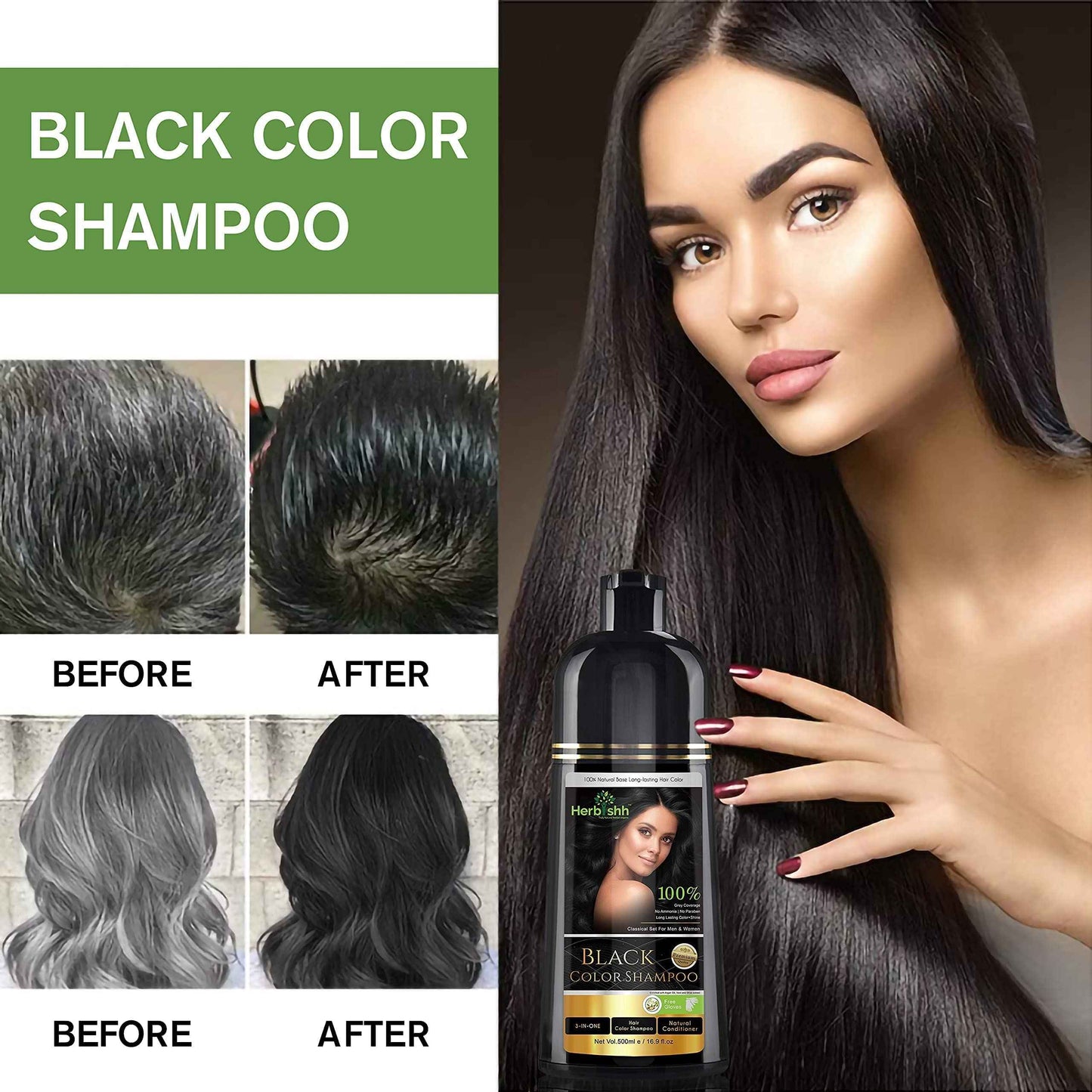 Herbishh Combo Hair Color Shampoo for Gray Hair (Black) 500ml + Argan Hair Oil 30ml