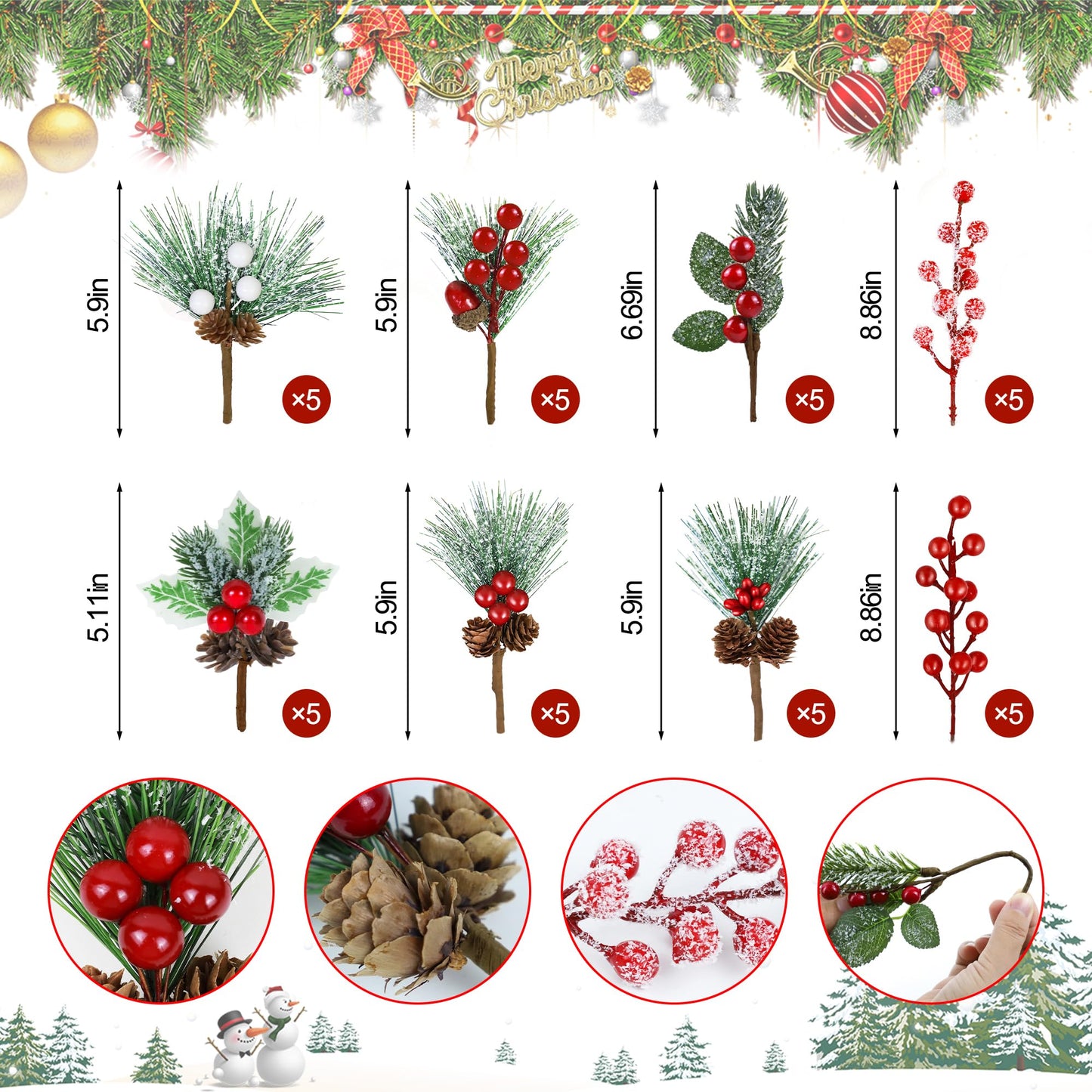 Christmas Decorations - 40 Packs Snow Artificial Christmas Picks Red Berry Stems Sprays Faux Cedar Holly Pine Needles Branches Christmas Tree Picks for Xmas Winter Holiday DIY Crafts Wreath Tree