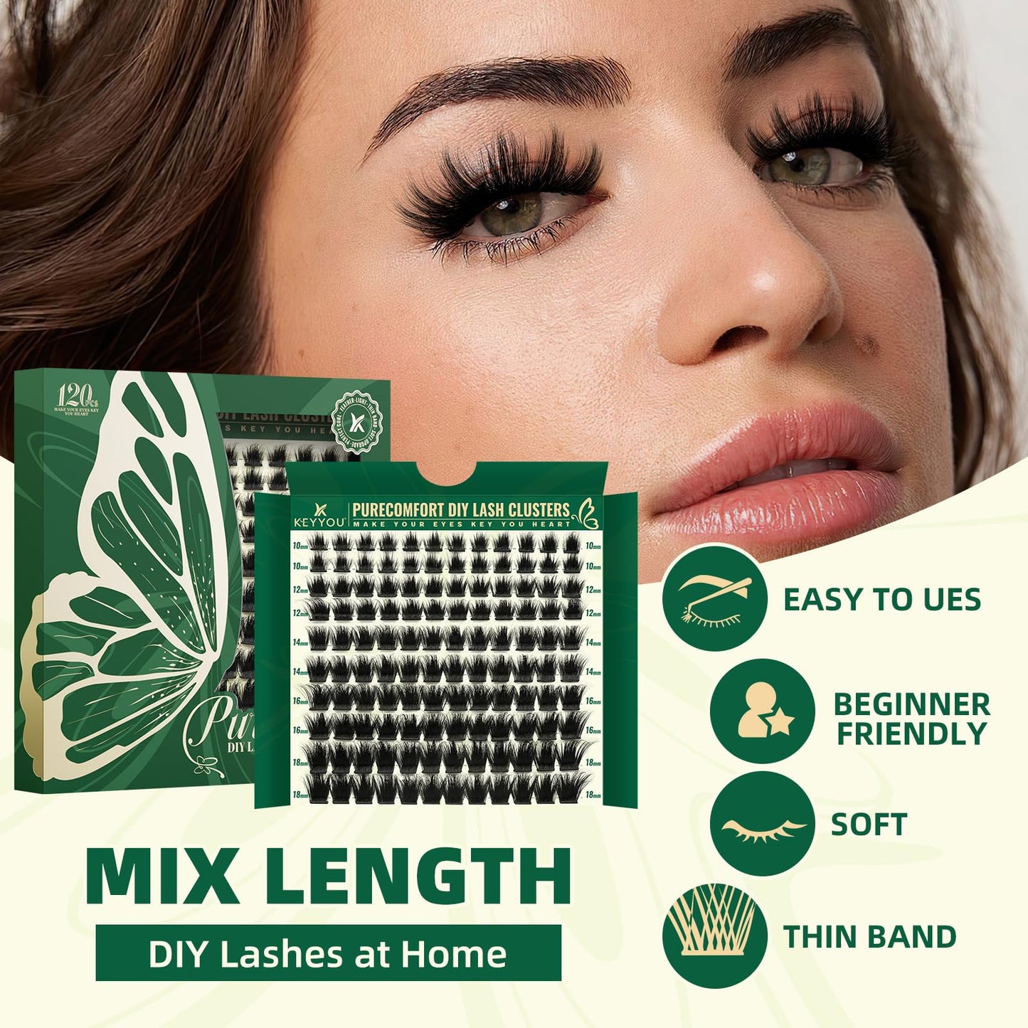 KEYYOU Lash Clusters 120pcs Eyelash Clusters 10-18mix D Curl Cluster Lashes Thick Super Soft Wispy DIY Eyelash Extension at Home(PC01-D-10-18MIX)