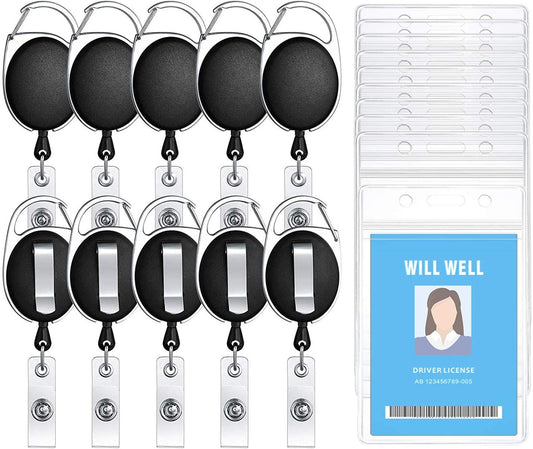 10 Pack ID Badge Holder with Clip –Retractable Heavy Duty Clear Id Card Holder – Vertical Lanyard Id Holder with Carabiner Badge Reel – Badge Holders with 24" Pull Cord