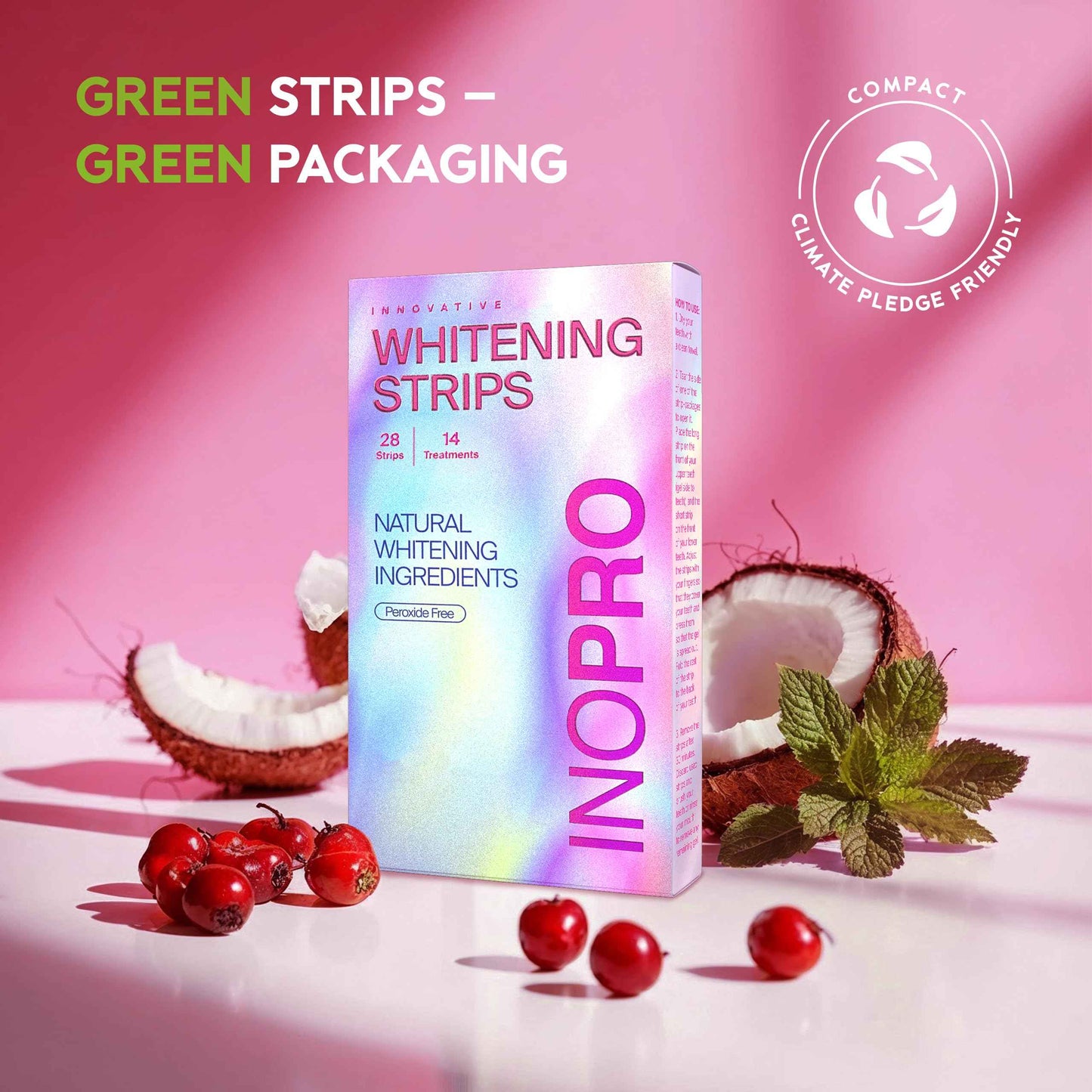 InoPro Teeth Whitening Strips 14 Treatments Kit - Enamel Safe Teeth Whitener, Peroxide-Free, Green White Strips for Teeth Whitening with Arbutin, Coconut Oil, Deep Stains Removal (28 Strips)