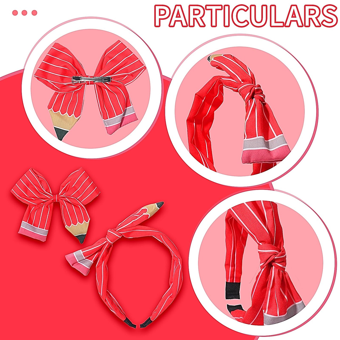 Doneace Back To School Hair Bow Clips for Girls Kids, Cute Pencil Headband for Women Teacher, Pencil Stripe Knotted Hairband Bows Alligator Hair Clip for School First Day Hair Accessories 2Pcs(Red)