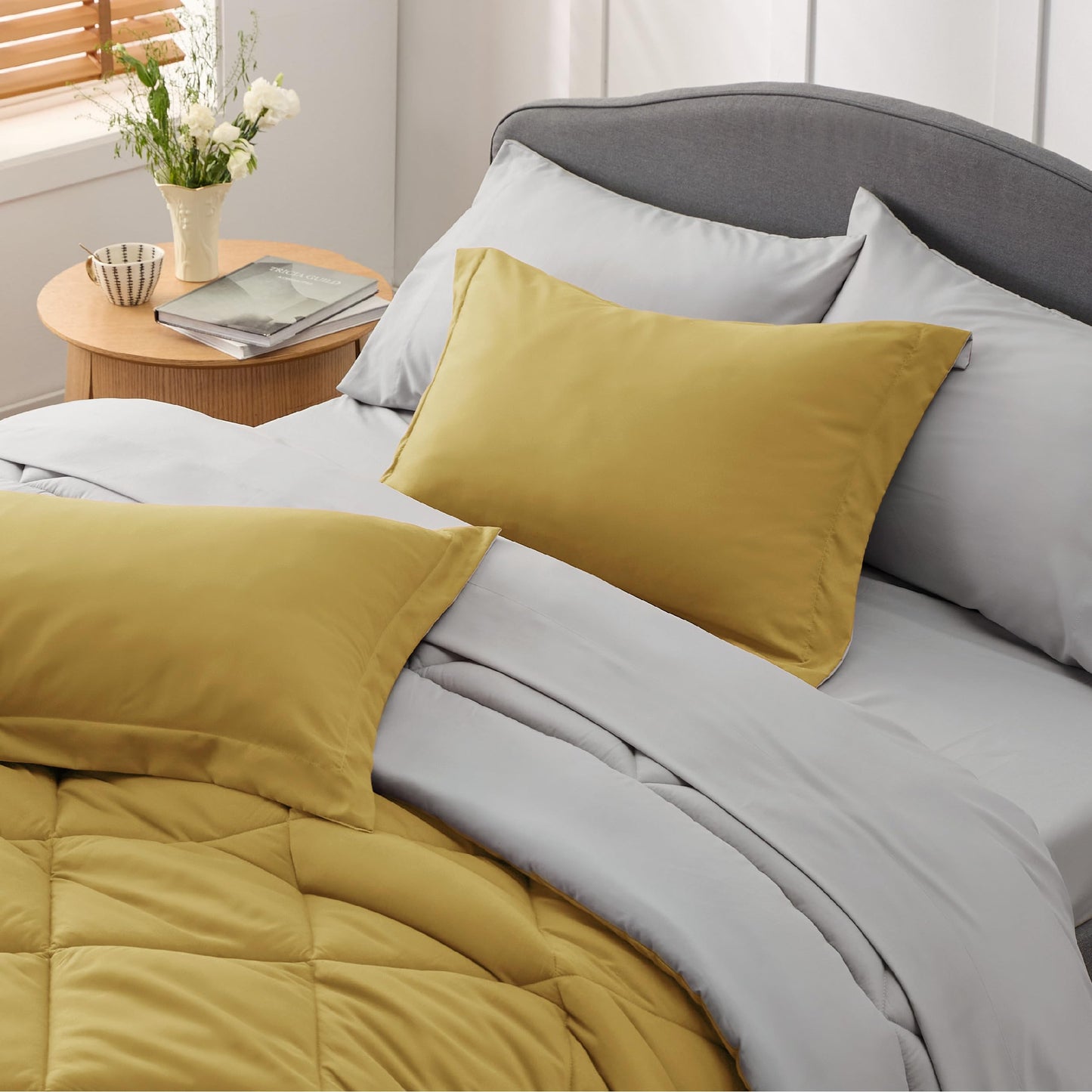 Bedsure Mustard Yellow Twin Comforter Set - 5 Pieces Reversible Twin Bed in a Bag for College, Extra Long Twin Bed Set Mustard Yellow and Grey with Comforters, Sheets, Pillowcase & Sham