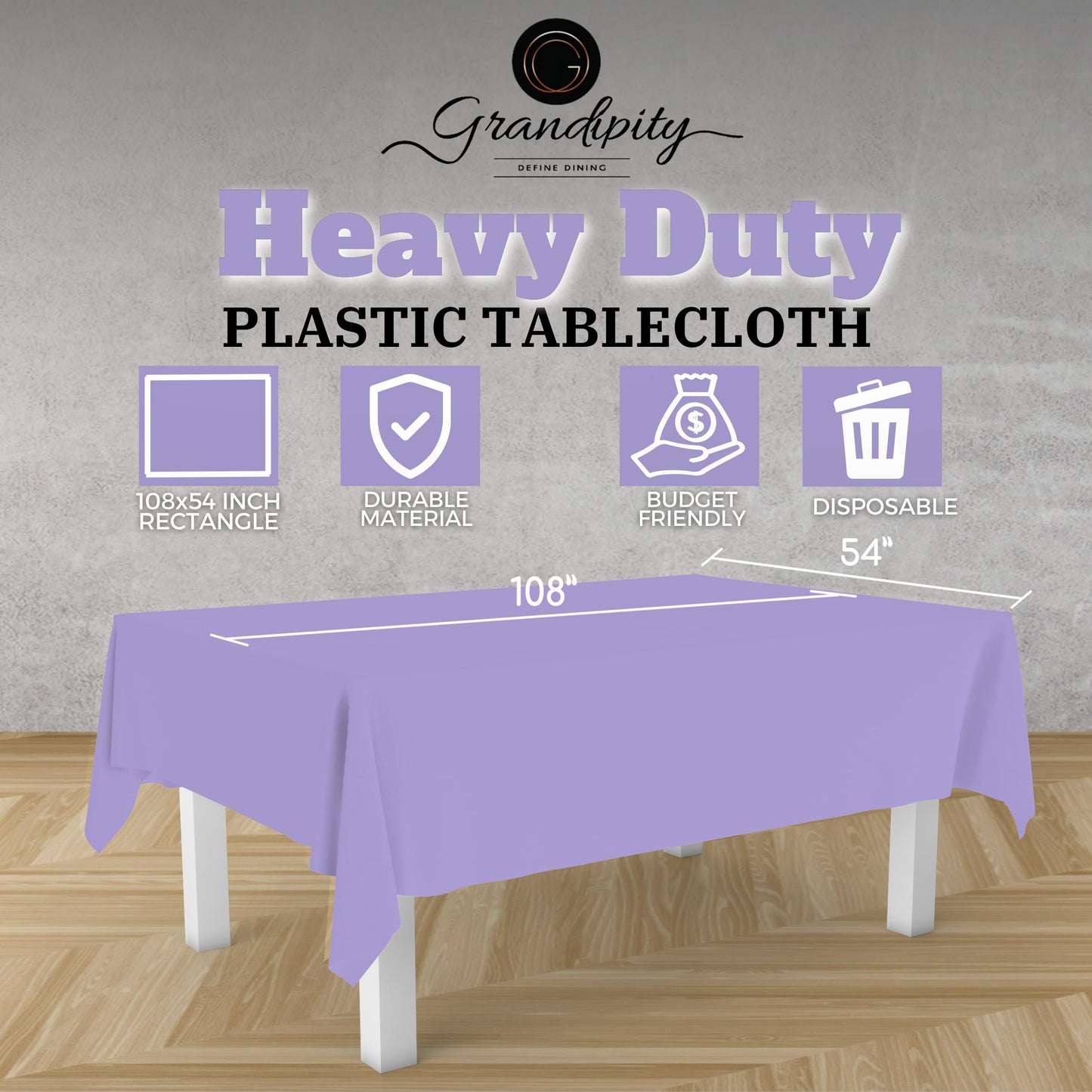 Grandipity Lavender 12 Pack Premium Disposable Plastic Tablecloth 54 Inch. x 108 Inch. Decorative Rectangle Table Cover