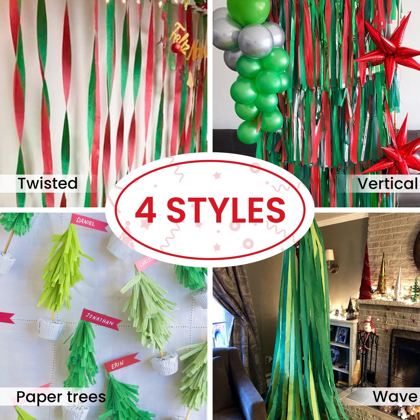 PartyWoo Crepe Paper Streamers 6 Rolls 492ft, Pack of Green, Red, Gold, White Party Streamers for Christmas Decorations, Streamers Party Decorations, Holiday Decorations (1.8 Inch x 82 Ft/Roll)