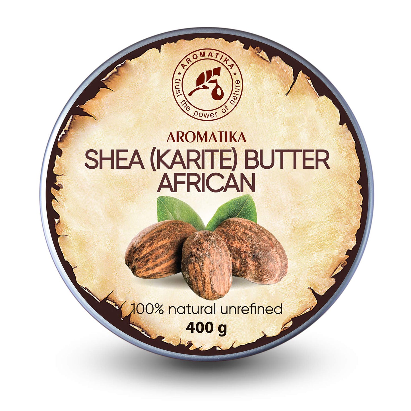 AROMATIKA Shea Butter Cold Pressed 14.1 Oz - Unrefined African Shea Butter - Ghana - 100% Pure & Natural - Best for Hair - Skin - Lip - Face - Body Care - Karite Shea Butter - Aluminium jar