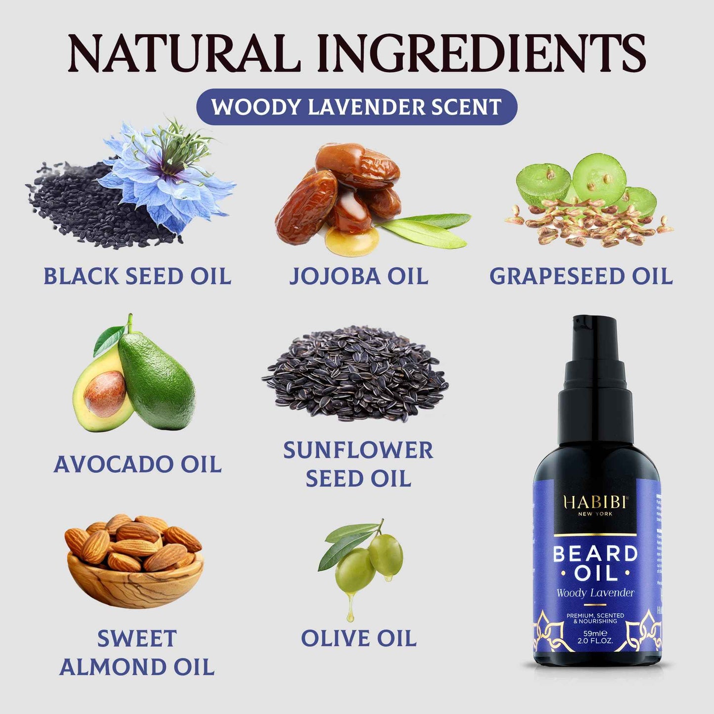 H HABIBI Woody Lavender Beard Oil – 2.0 Fl. Oz Naturally Derived Beard Growth Oil for Men, Beard Care Essential – Hydrates, Nourishes & Promotes Healthy Growth, Made in USA