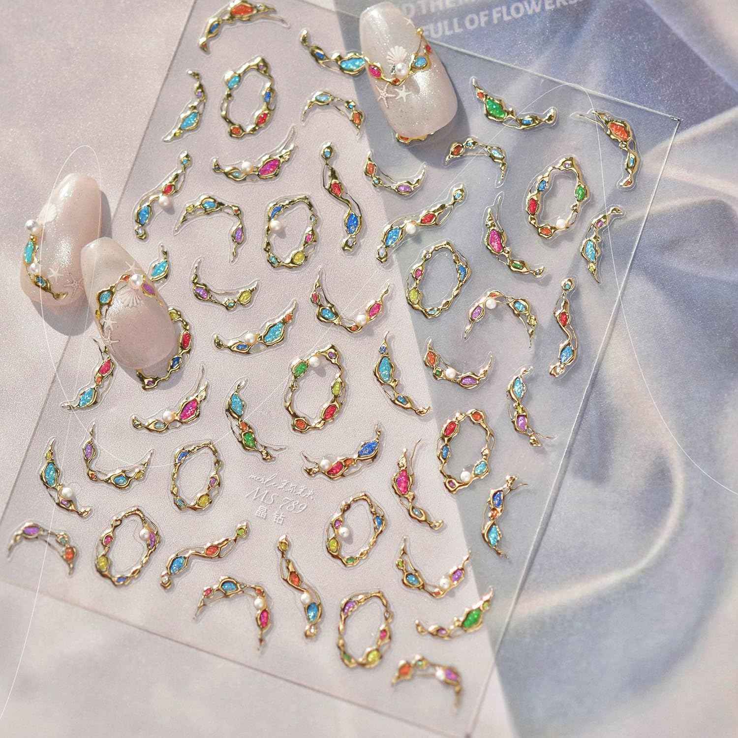 1 Sheets Embossed Gold Nail Stickers for Nail Art 5D Gem Nail Art Stickers Pearl Crystal Diamond Design Decals Self-Adhesive Gems Nail Decoration Summer Nail Decals for Women Nails Supplies