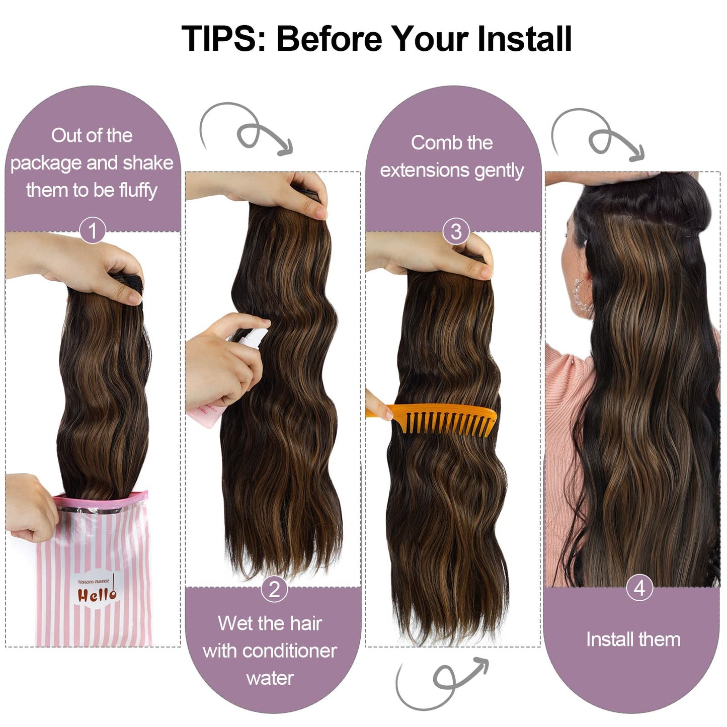 Fashion Line Clip in Hair Extensions for Women 6PCS Thick Full Head Natural Wavy Clip in Extensions Balayage Dark Brown to Chestnut Synthetic Long Double Weft Hair Hairpieces 20 inch