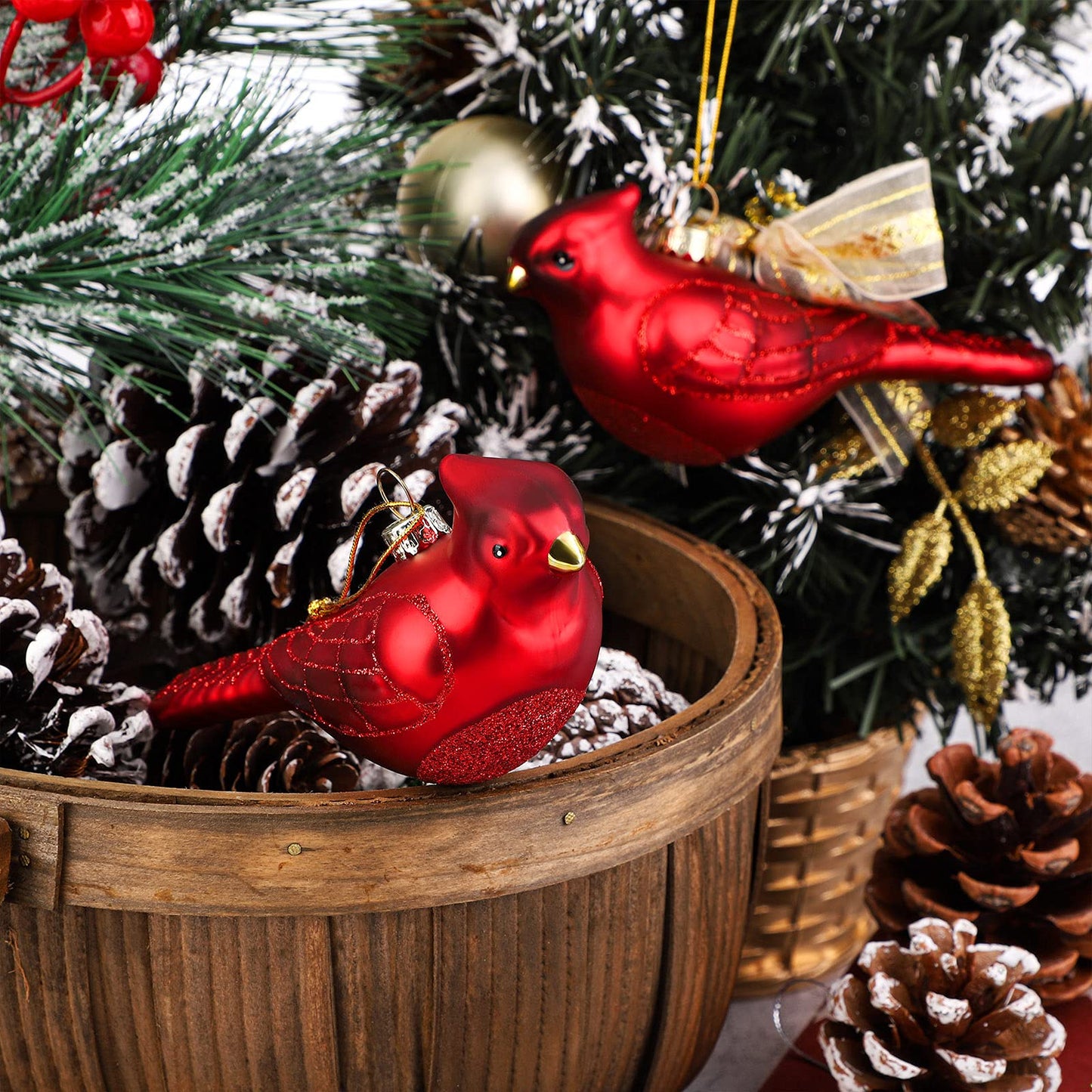 Elcoho Christmas 4 Pack Red Bird Glass Blown Ornaments for Christmas Tree, Northern Cardinal