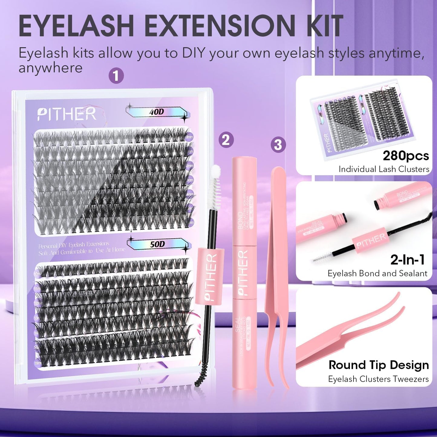 Lash Extension Kit, PITHER 280pcs DIY Eyelash Extension Kit at Home with Lash Bond and Sealant Lash Tweezers for Self Use (0.07mm 10-16mm Volume Lash Clusters 40D+50D)