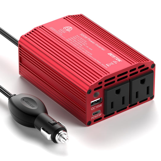 BESTEK 300W Car Power Inverter with 65W USB-C and QC3.0 Ports - 12V DC to 110V AC Converter for Vehicles with Multi-Protection - Red