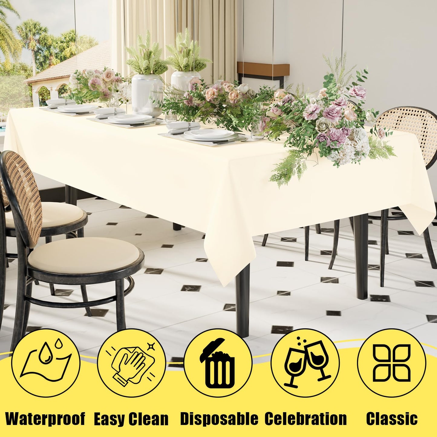 Smiry Disposable Table Cloth - 6 Pack, 54 x 108 Inch Table Cloths for Parties, Decorative Tablecloths for Rectangle Tables, Waterproof Plastic Table Cover, Leakproof & Sturdy, Beige