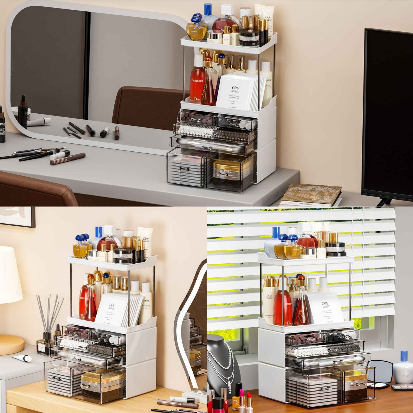 Yieach Bathroom Counter Organizers and Storage,White Acrylic Makeup Organizers with Drawers for Vanity,Bedroom,Plastic Skincare Organizer for Dresser Top Beauty,Cosmetic,Lotion and Perfume Organizer