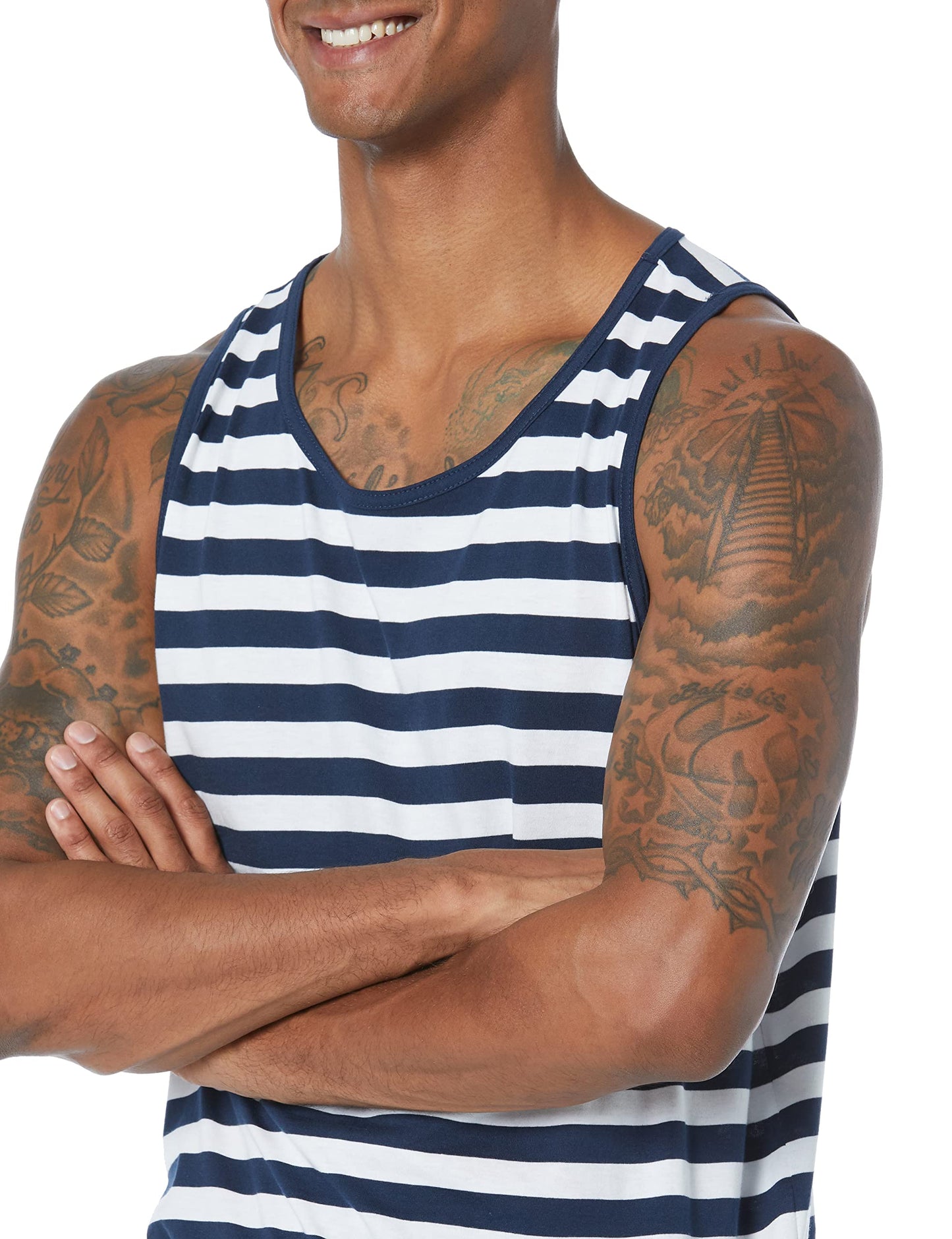 Amazon Essentials Men's Regular-Fit Tank Top, Navy White Stripe, X-Small