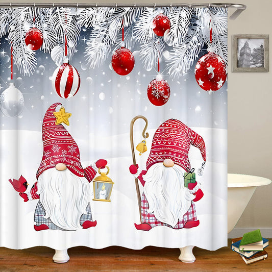 Apqdw Christmas Gnomes Shower Curtain for Bathroom, Rustic Christmas Tree Ball Shower Curtain, White Red Winter Shower Curtain for Holiday (Q2)