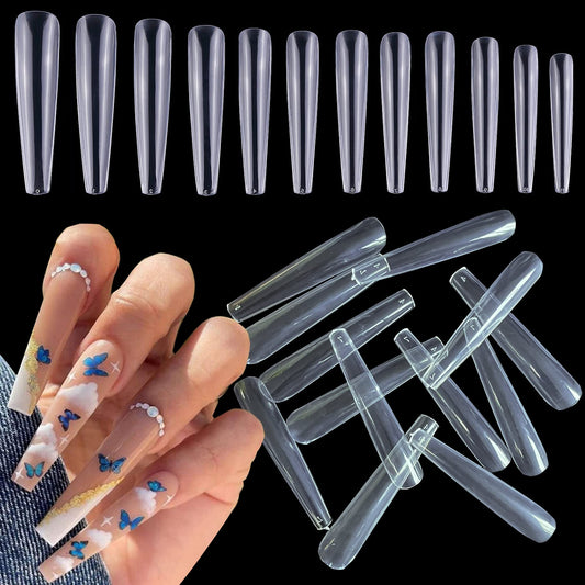 AddFavor 600pcs 3XL Clear Nail Tips Coffin Full Cover Ballerina Shape Extra Long Acrylic Fake Nails Professional False Nail Tip for Salons & Home DIY, 12 Sizes