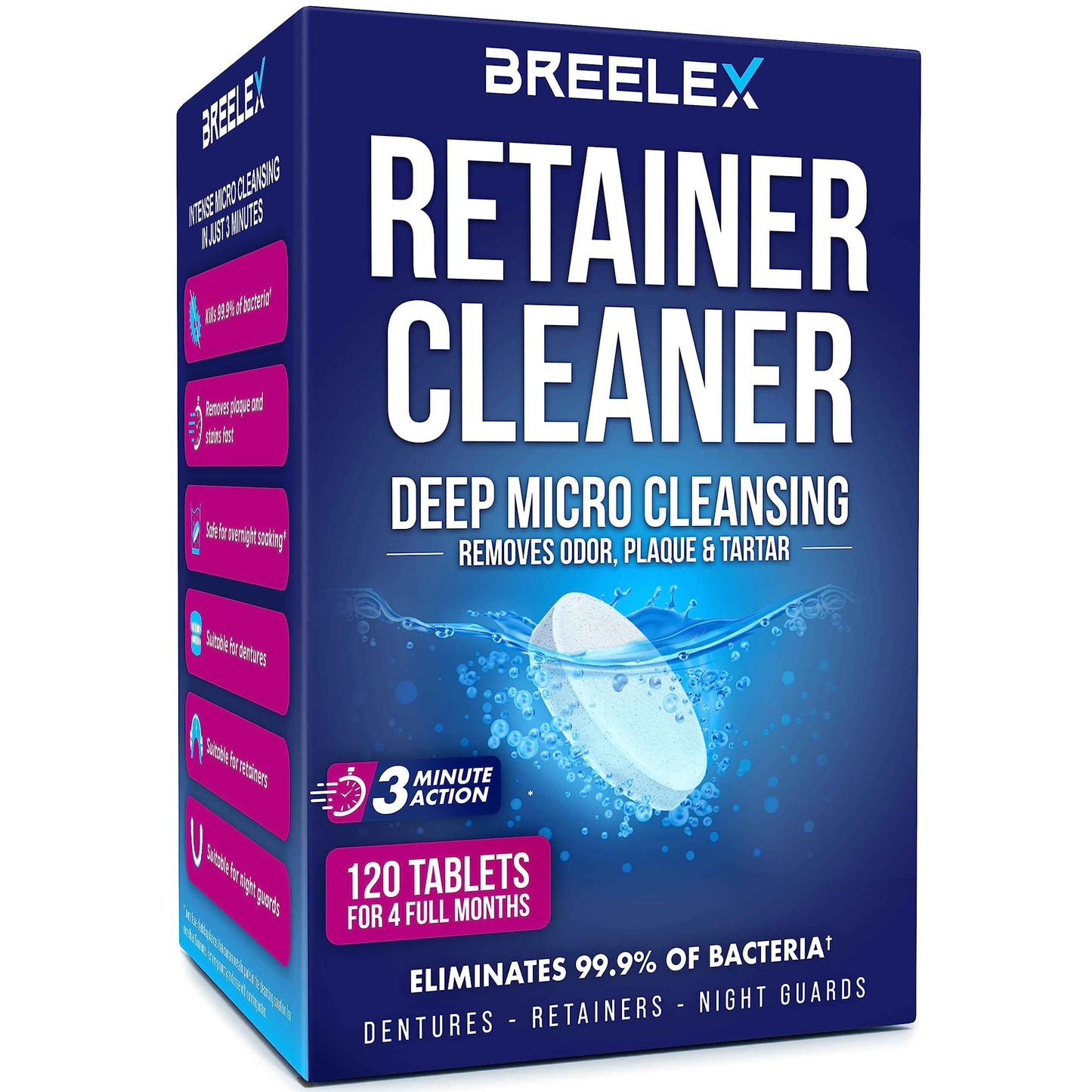Breelex Denture Cleaning Tablets - 120 Retainer Cleaner Tablets for Aligner, Mouth & Night Guard - FSA HSA Approved Products - Dental Cleanser for Nightguard - Fresh in 3 Minute - Denture Cleaner