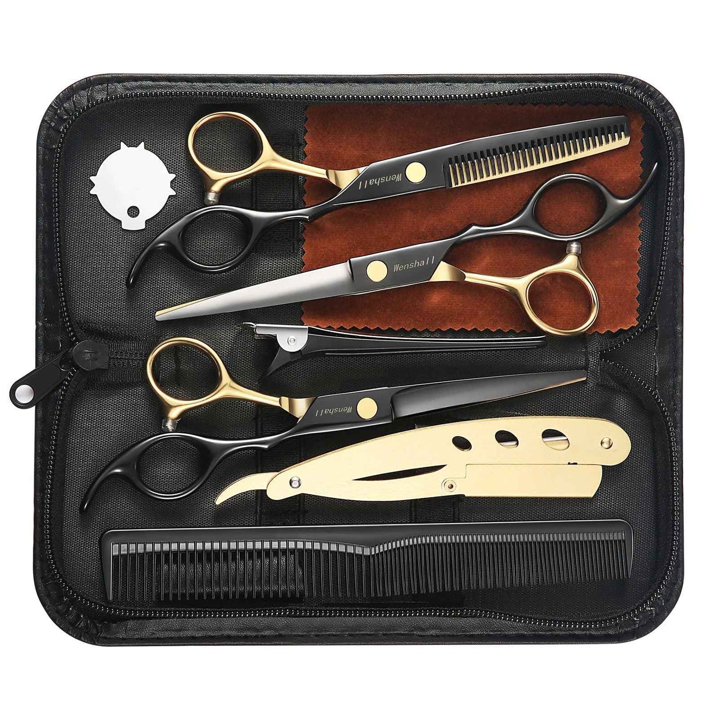 Wenshall Professional Black Gold Hair Scissors 6.89" Teeth Japanese Stainless Steel Multifunctional Salon Thinning Scissors Straight Shears Tools for Men Women Home Salon Barber
