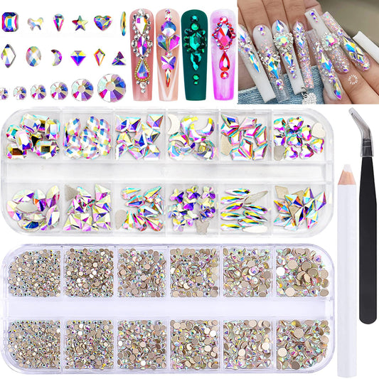 BELICEY Nail Art Rhinestones White AB Flatback Round Rhinestones Charms Nail Gem Stones with K9 Bling Glass Crystals Diamonds Jewelry for Nail Design DIY Crafts Face Decoration