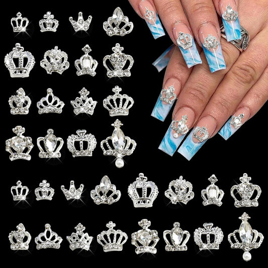 DANNEASY 32pcs 3D Silver Crown Nail Charms Crown Nail Rhinestone Crystal Nail Gems Alloy Nail Jewels Nail Studs Nail Art Decoration Charms for Nails Craft Making Jewelry Nail Supplies