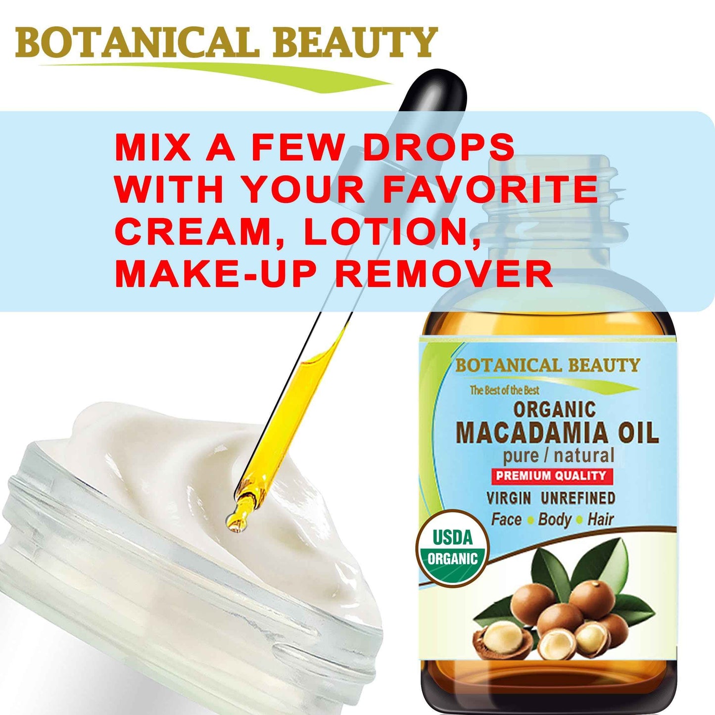 Botanical Beauty Organic MACADAMIA OIL 100% Pure Natural VIRGIN UNREFINED Cold-Pressed Carrier Oil for Face, Skin, Body, Hair, Lip, Nails. Rich in Vitamin E (4 Fl Oz)