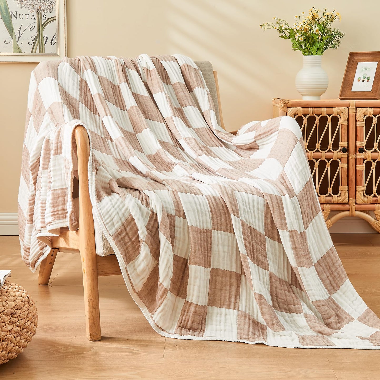 EMME Checkered Cotton Blanket Queen Size for Bed Soft Large Muslin Bed Blankets 80"x90" Lightweight Breathable Blanket All Season Gauze Blanket, Light Tan