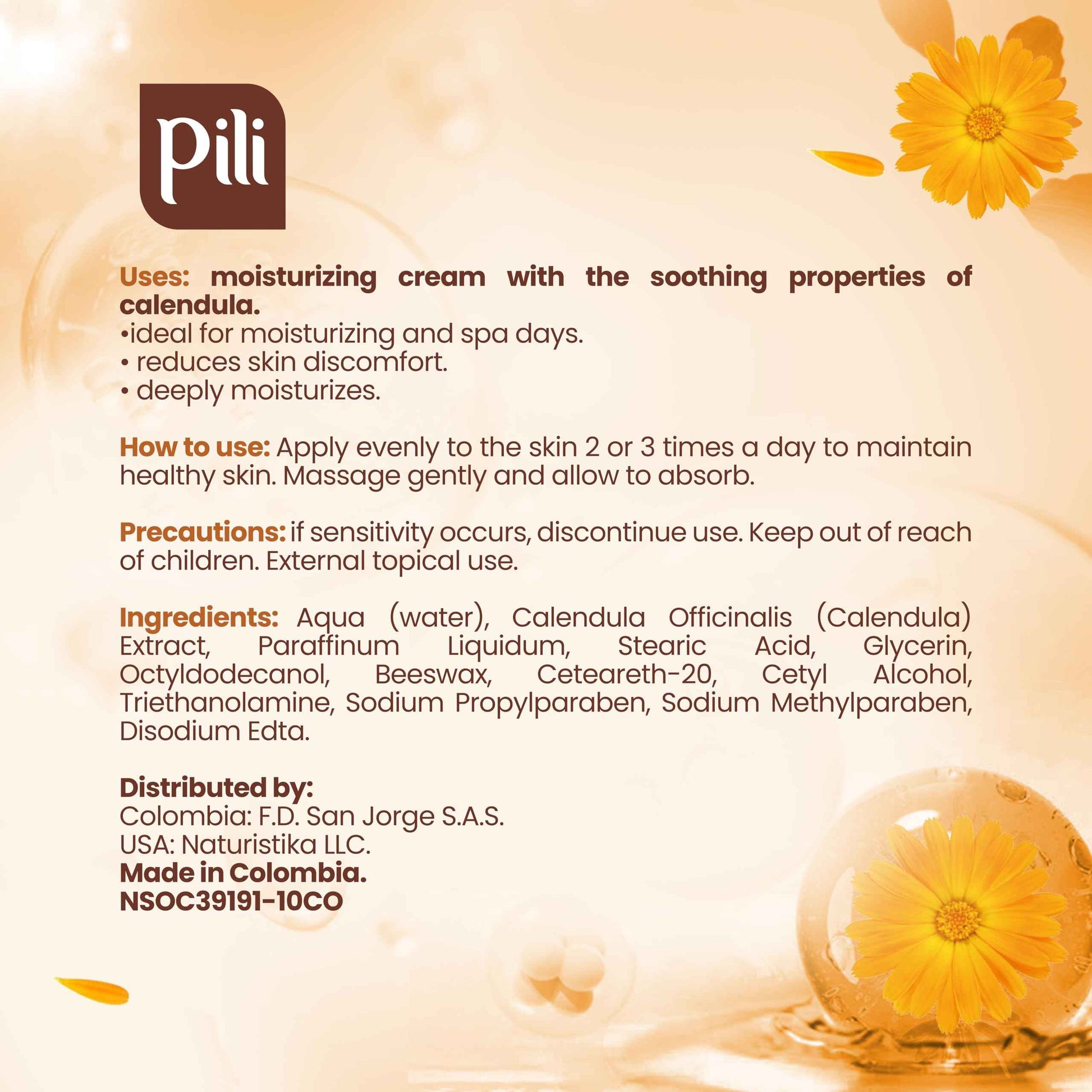 Pili Natural Calendula Cream - Moisturizing Cream for Rough, Dry, or Chapped Skin (15 oz)
