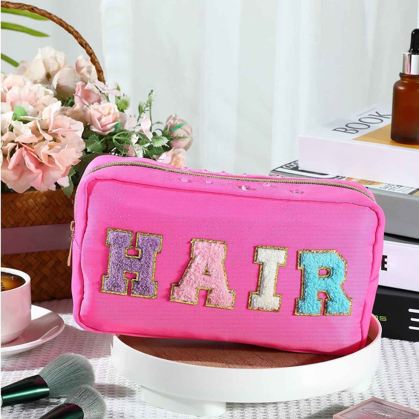 Hillban 4 Pack Chenille Letter Bag Makeup Bag Preppy Skincare Bag Nylon Cosmetic Pouch Zipper Waterproof Organizer Makeup Travel Bag Set for Teen Girls Women Travel Toiletry