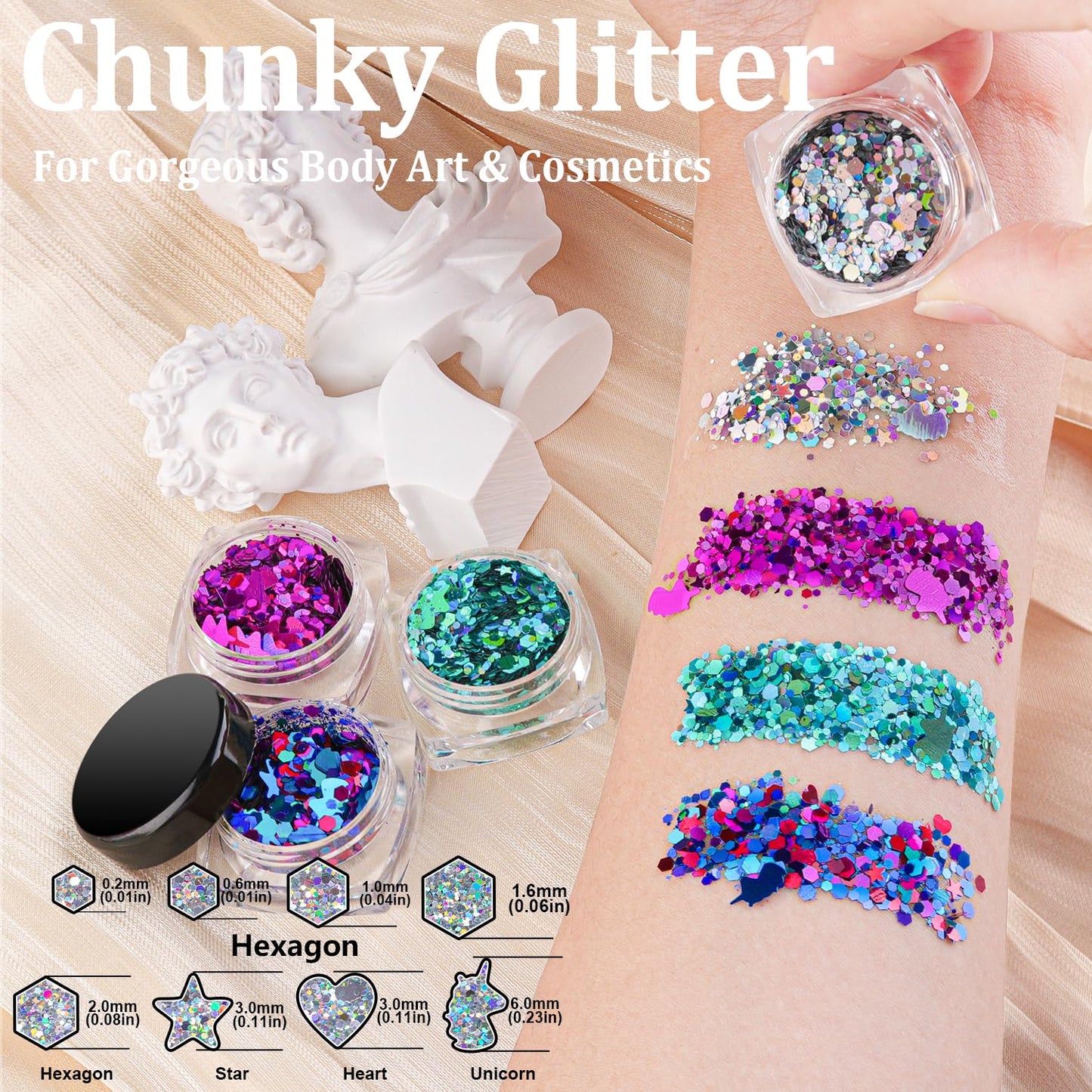 3500pcs Face Gems for Makeup with Glue, 2-5mm Round Glass Crystal Clear + Mixed Color Iridescent Chameleon Rhinestones & 4 Colors Cosmetic Chunky Glitter with Tools, Eye Jewels for Make-up, Nail Art