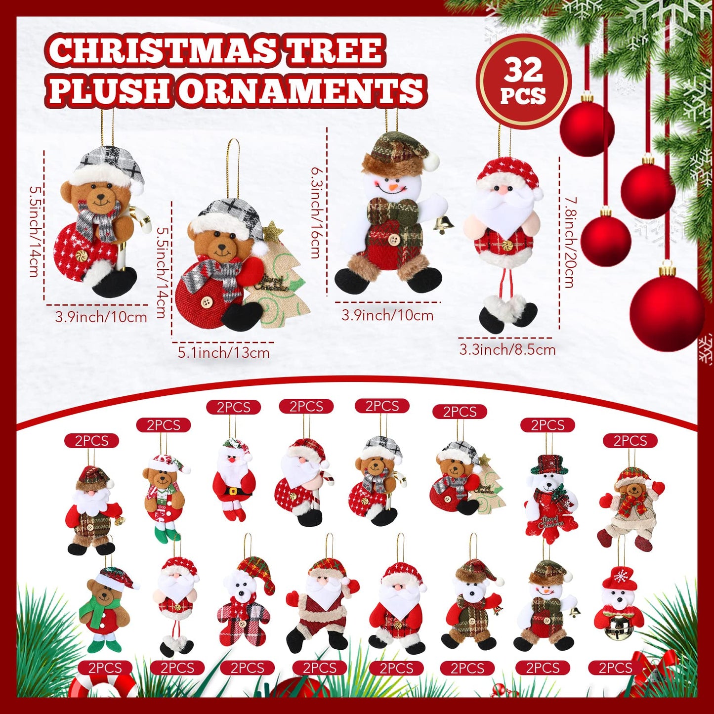 Jerify 32 Pcs Christmas Plush Ornaments Bulk Tree Decoration Mini Plush Small Santa Tree Xmas Party Favors