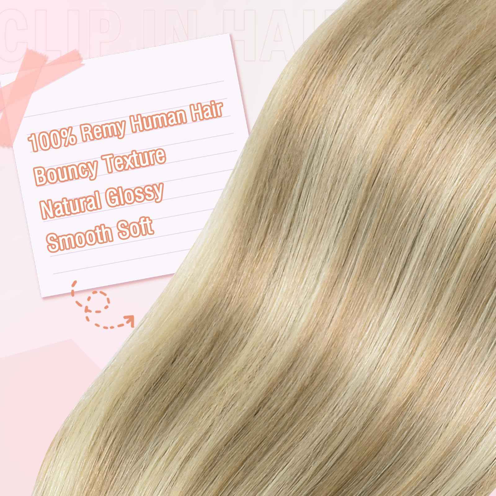 MEI YUAN LIN Clip In Hair Extensions 14 Inch 5pcs 80g Light Blonde Highlighted Golden Blonde Real Human Hair Extensions Double Weft Easy To Apply