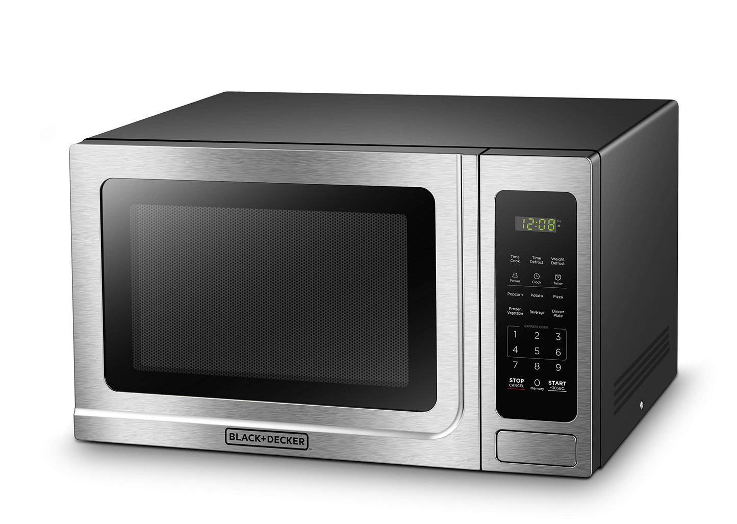 BLACK+DECKER EM036AB14 Digital Microwave Oven with Turntable Push-Button Door, Child Safety Lock, Stainless Steel, 1.4 Cu.ft