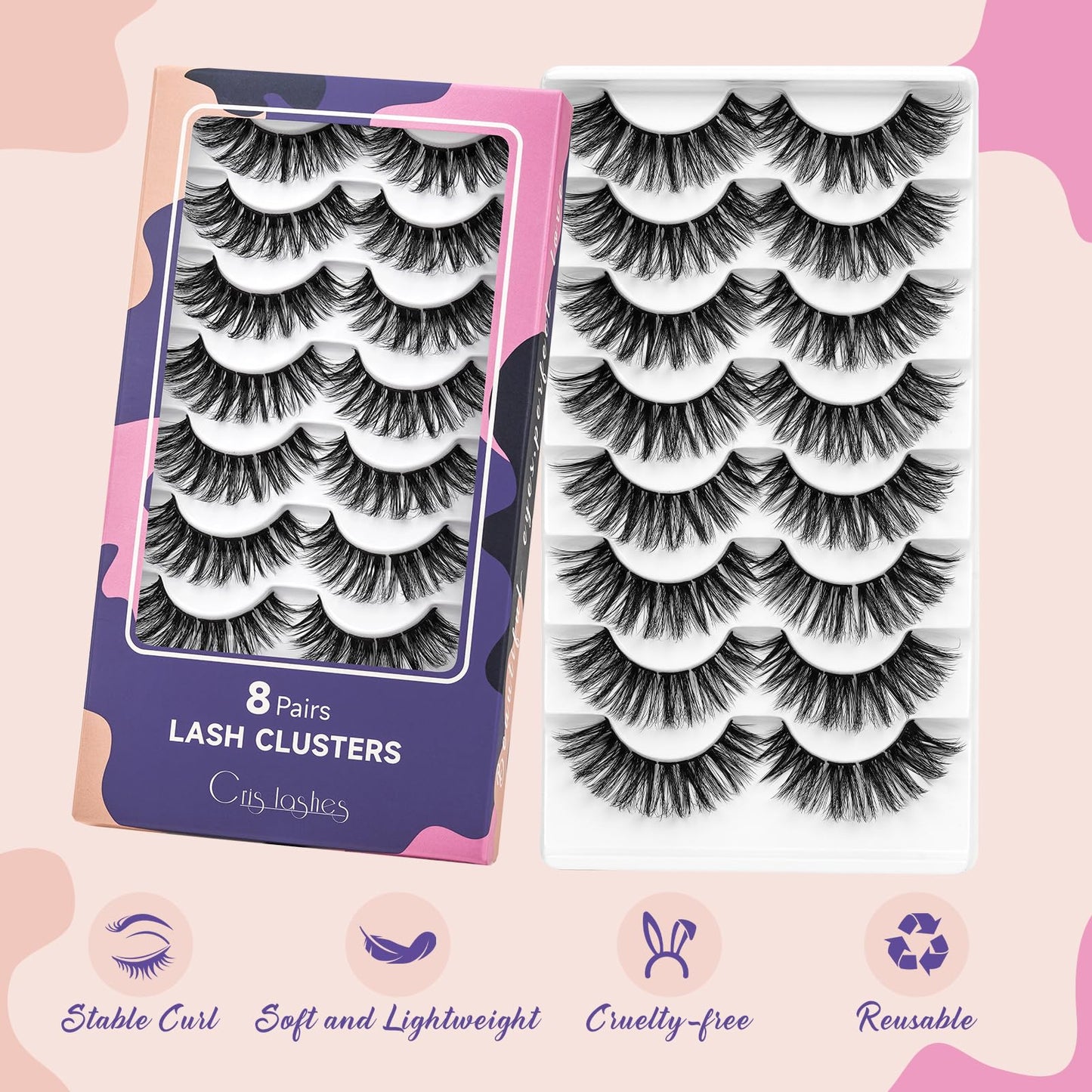 Lash Clusters 8 Pairs Crislashes 9-16mm Strip Cluster Lashes C/D Curl Eyelash Clusters Manga Volume Lash Clusters DIY Eyelash Extensions Reusable Cluster Eyelash Extensions (Clusters 01)