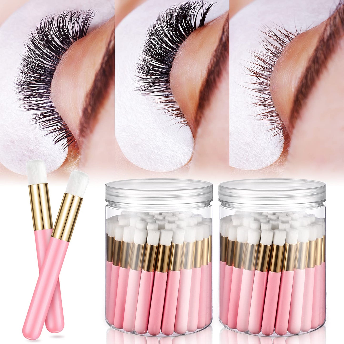 Nuenen 100 Pieces Lash Cleansing Bath Brushes with Container, Eyelash Extension Cleanser Brushes Lash Cleaner Brush Lash Shampoo Brushes for Eyelash Extensions Prolong Lash Cleanser Supplies, Pink