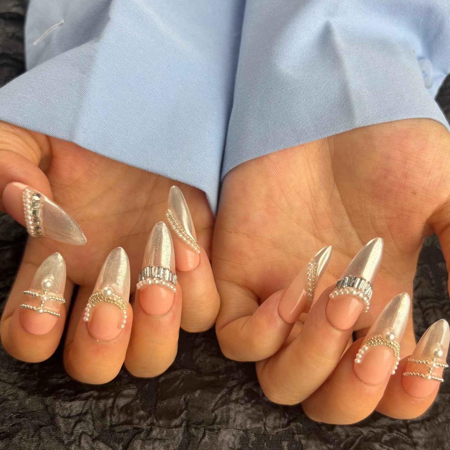 AKA Unicorn Trendy Handmade Press On French Nails Medium Almond Shape,10Pcs Thick Acrylic Fake Nails with 3D Pearl Cute Design Clip On Nail for Woman Gift (Design concept:French Tenderness)