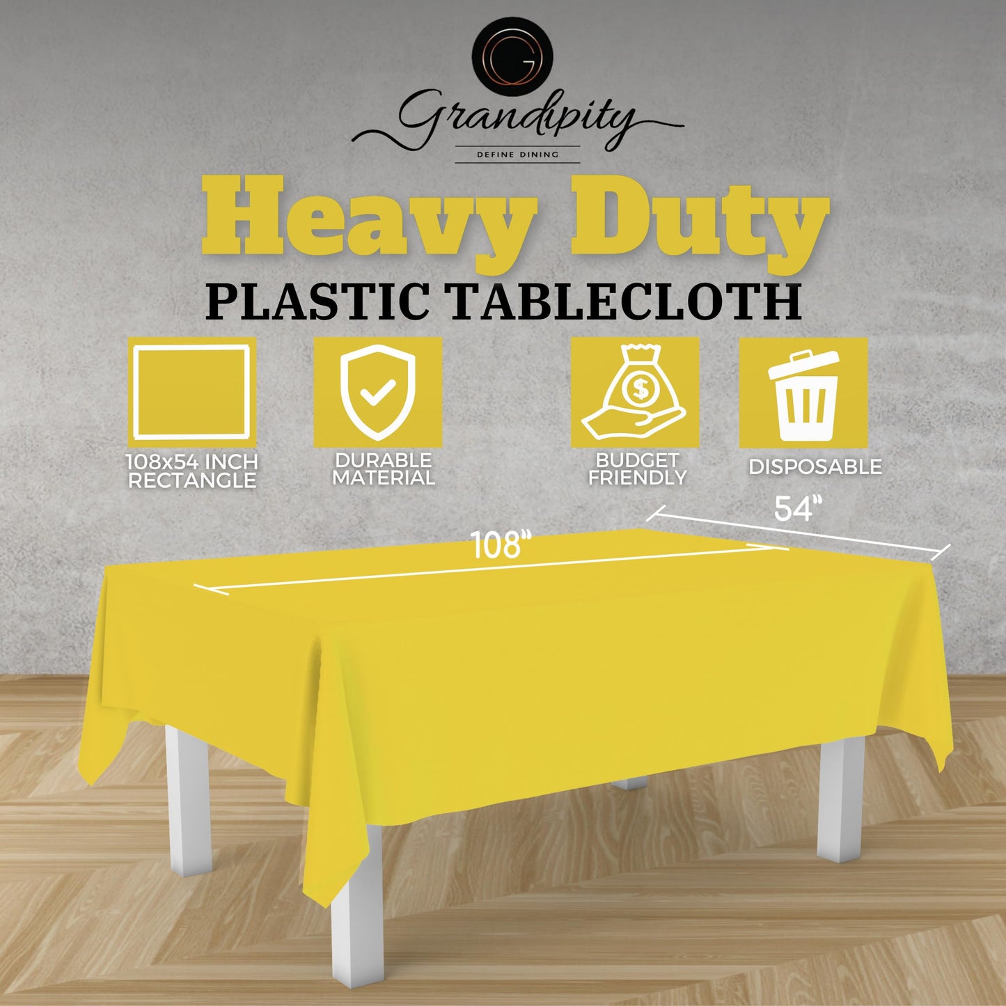 Grandipity Yellow 12 Pack Premium Disposable Plastic Tablecloth 54 Inch. x 108 Inch. Decorative Rectangle Table Cover